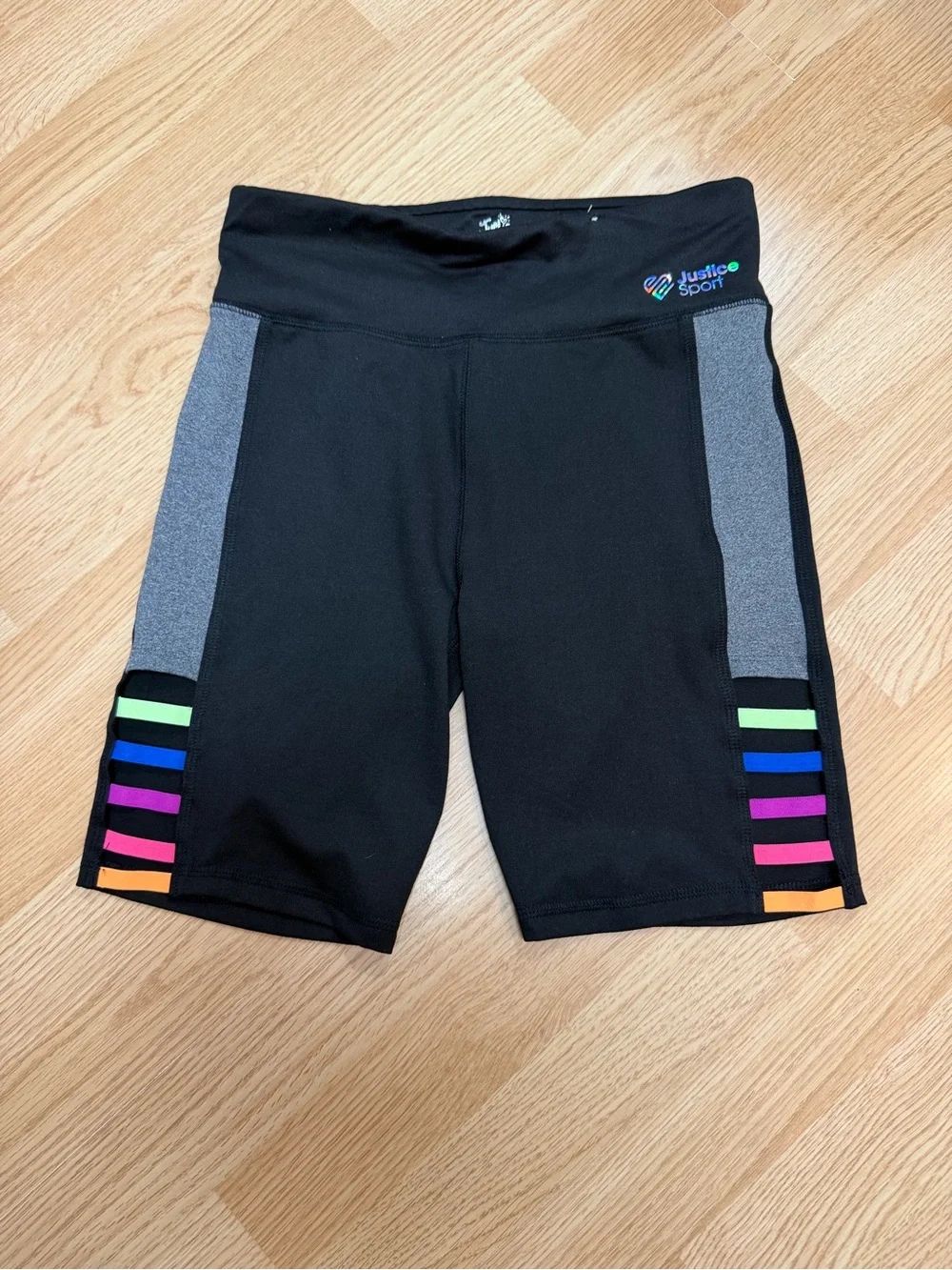 Justice Sport Girls XL 16/18 Black Gray Bike Shorts Rainbow Colorblock Athletic